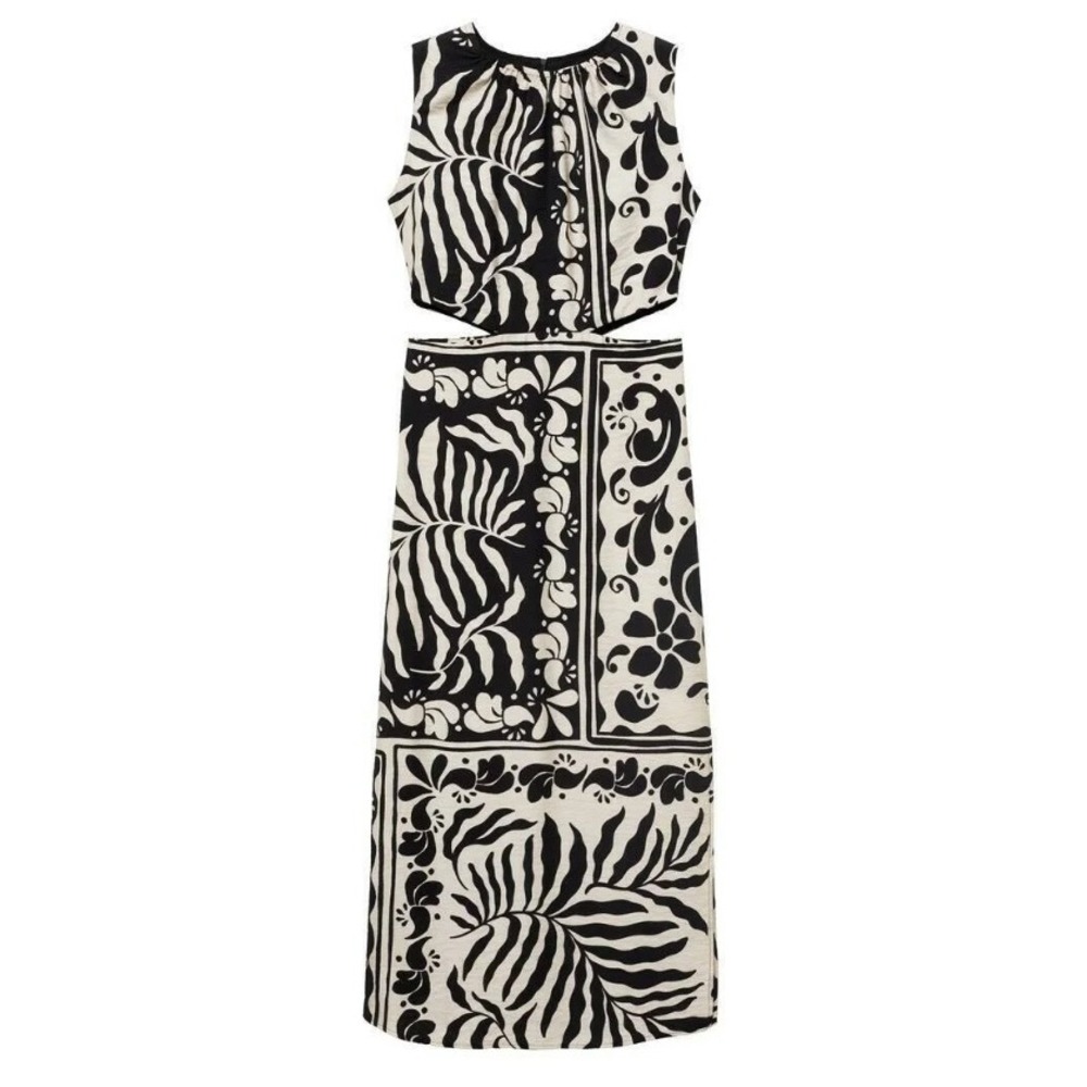 Mango MNG Black Tropical Print Cut-Out Midi Dress‎ Viscose Resortwear Vacation M
